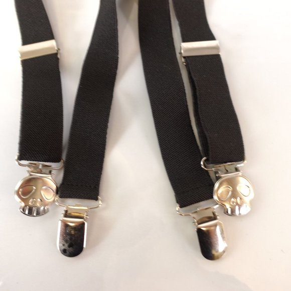 Boy Black X Back Classic Suspenders Solid Silver Skull Clip Adjustable Stretch - Picture 3 of 6